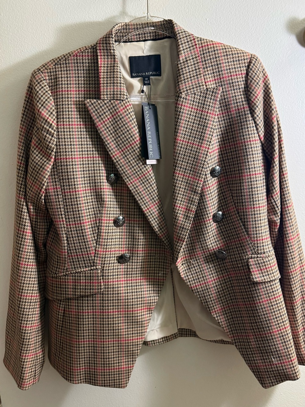 Banana Republic Double-Breasted Plaid Blazer in Brown with Pink Windowpane